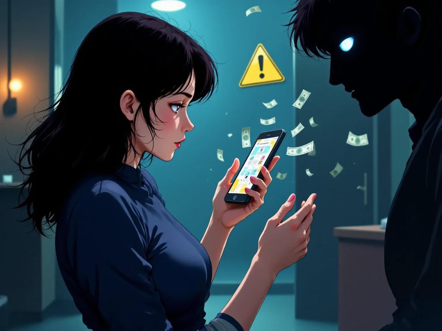 (Phishing image:1.5),woman pressing the mobile phone screen,image of the Money flying out of a mobile phone screen、the money being siphoned up goes to the culprit、The culprit has a black silhouette,1980’s anime style ,(yellow sign "caution" in the air)