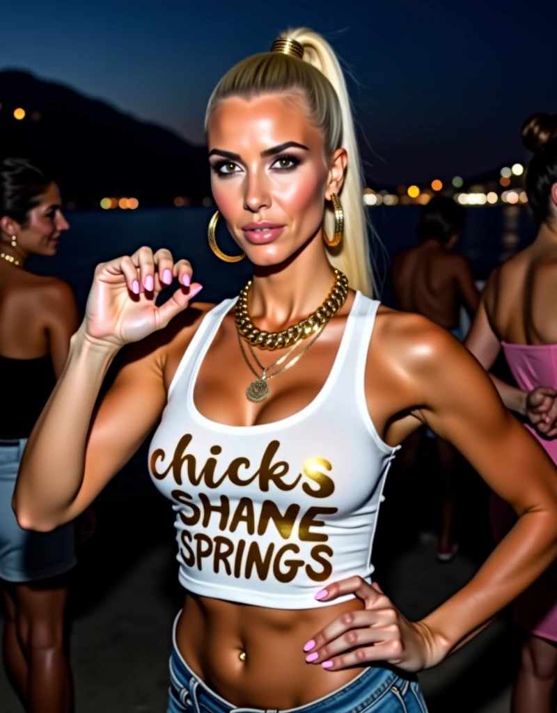 make me a graphic design for a poster for a party called balkan party, I want the poster to have a blonde woman dressed in a street outfit, on her side there are some bottles of drink, I want it to show as much as possible decorated with some colors that attract attention