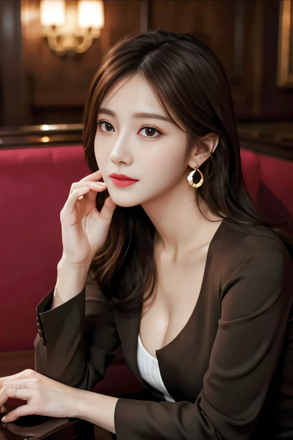 Tabletop, highest quality, Realistic, Very detailed, finely, High resolution, 8k wallpaper, One beautiful woman,, Light brown messy hair, ,Big earrings、He is wearing a black see-through dress shirt with an open collar...., Sharp focus, Perfect dynamic composition, Beautiful and detailed, Thinning hair, Detailed Realistic skin texture, smile, Close-up portrait, Model Body Type、president'secretary、mini skirt、High heels、whole body、business suit、