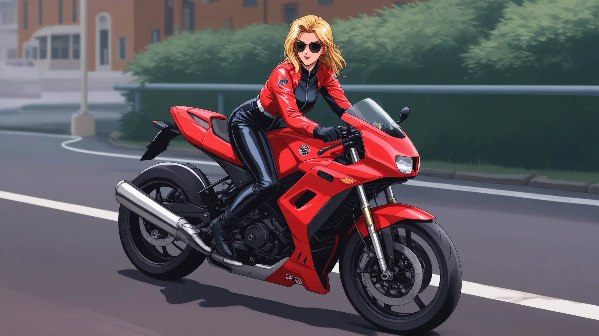 female face biker with sunglasses riding old motorcycle on the road city at night retro 90s