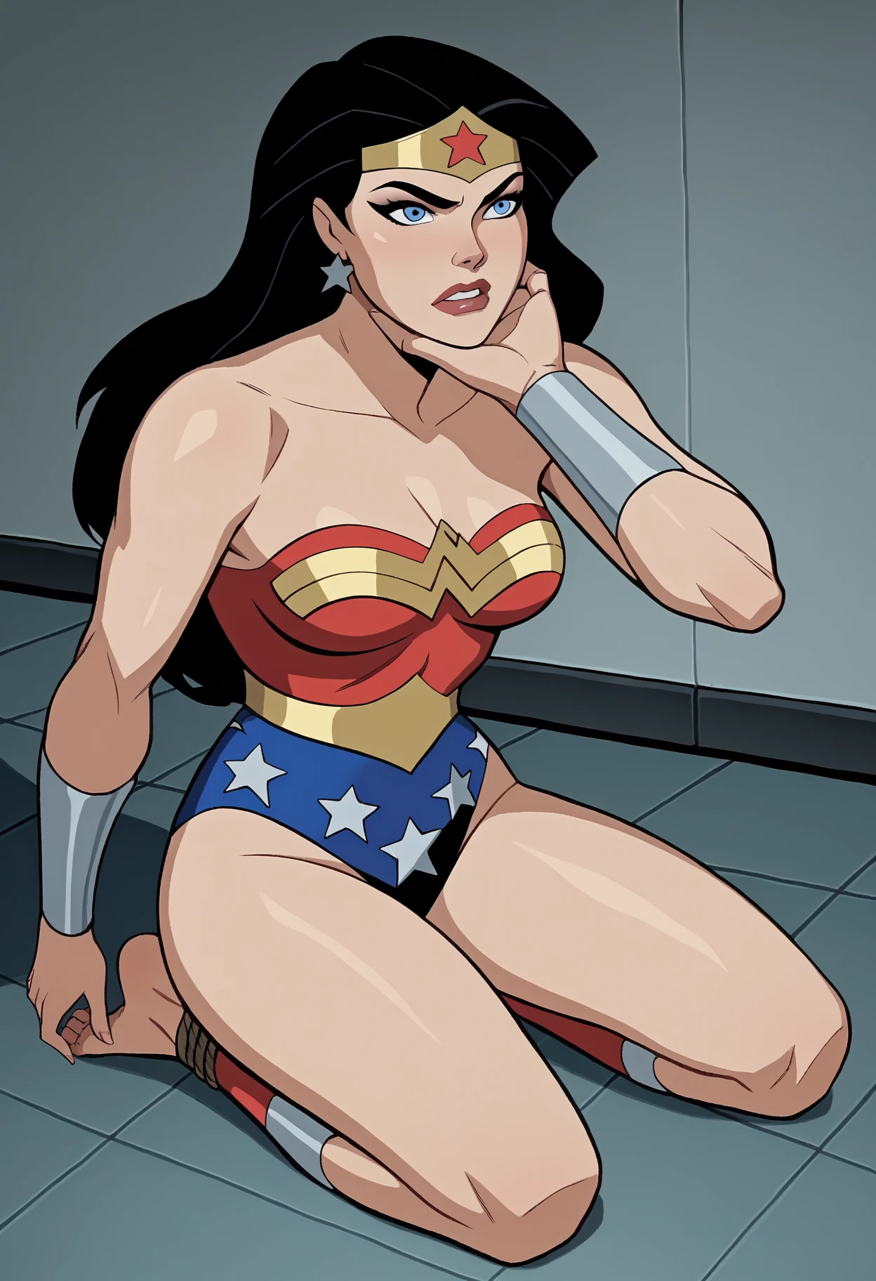 score_9, score_8_up, score_7_up, source_anime,
dianaprince, diana prince, blue eyes, black hair,
cleavage, bare shoulders, jewelry, star \(symbol\), boots, leotard, star print, superhero,
sitting on bench, spread legs, (leotard aside, pussy), looking at viewer, solo, dutch angle, bedroom eyes, smile