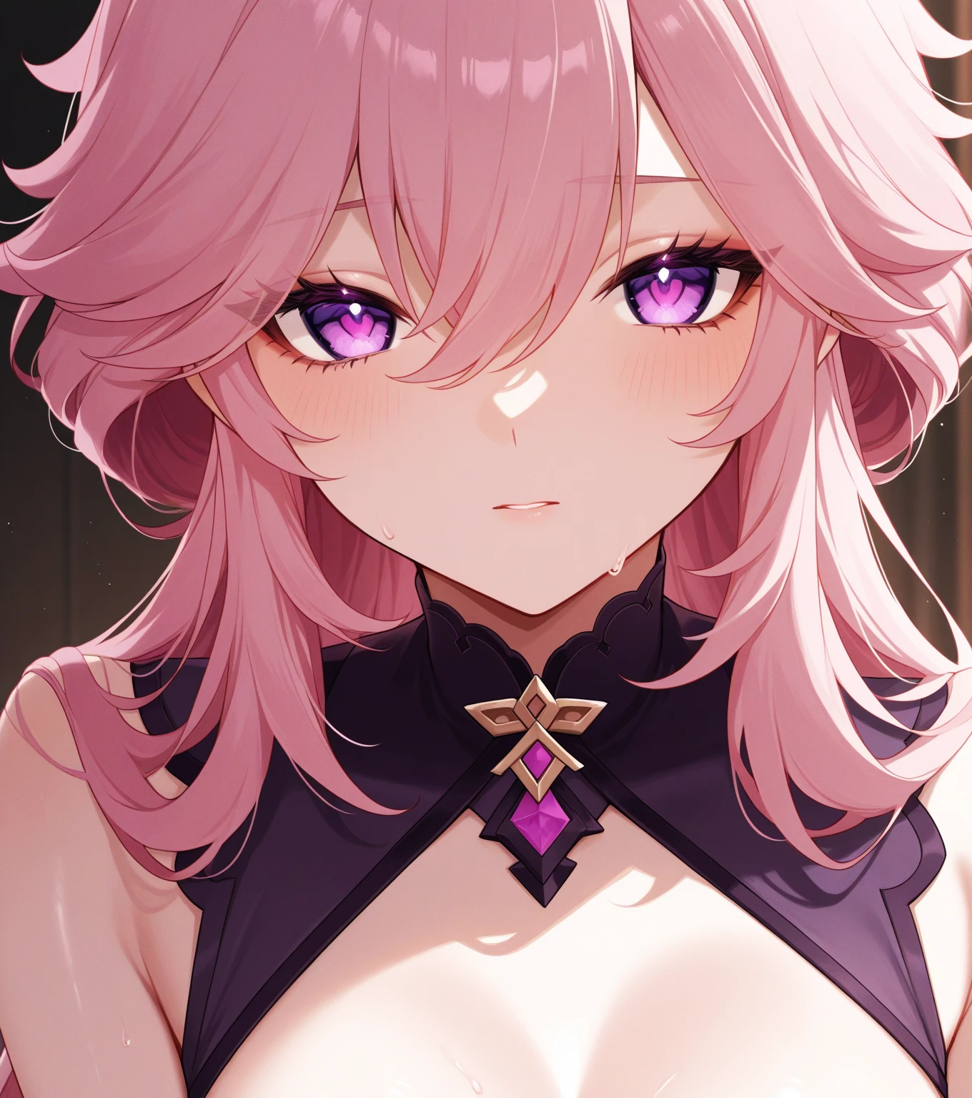 masterpiece, best quality, highres, 1girl, solo, yae miko (Genshin impact), pink hair, big breasts, gothic makeover, dark reinterpretation, edgy attire, black wardrobe, darkened color palette, dramatic makeup, Gothic accessories, intricate details, mysterious aura, gothic chair, sitting.