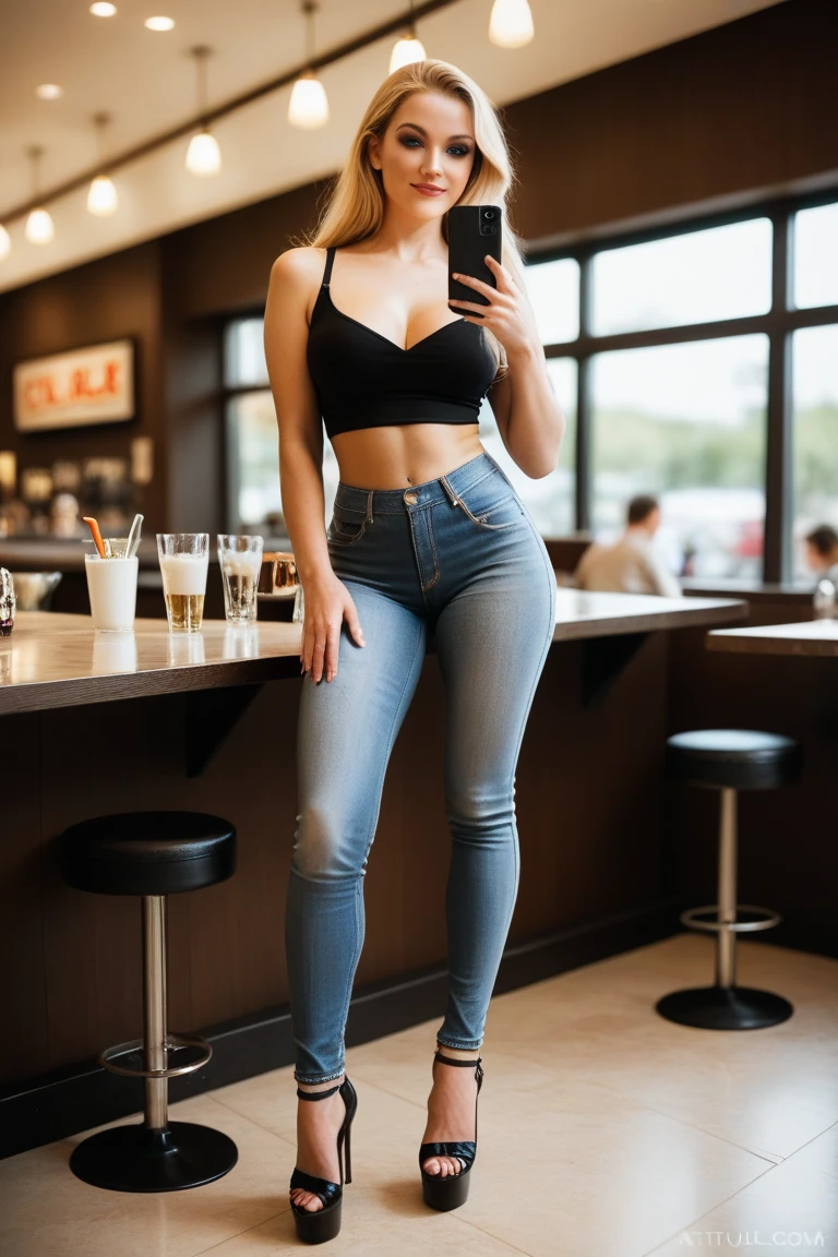 Beautiful model, silver hair, brown eyes, long hair, curvy waist, wide legs, medium breasts, large buttockss, Black shirt, skinny light blue jeans, athletic body, London bar, sexy, solo, dark green denim jacket, black platform heels, Black Bra, Big ass