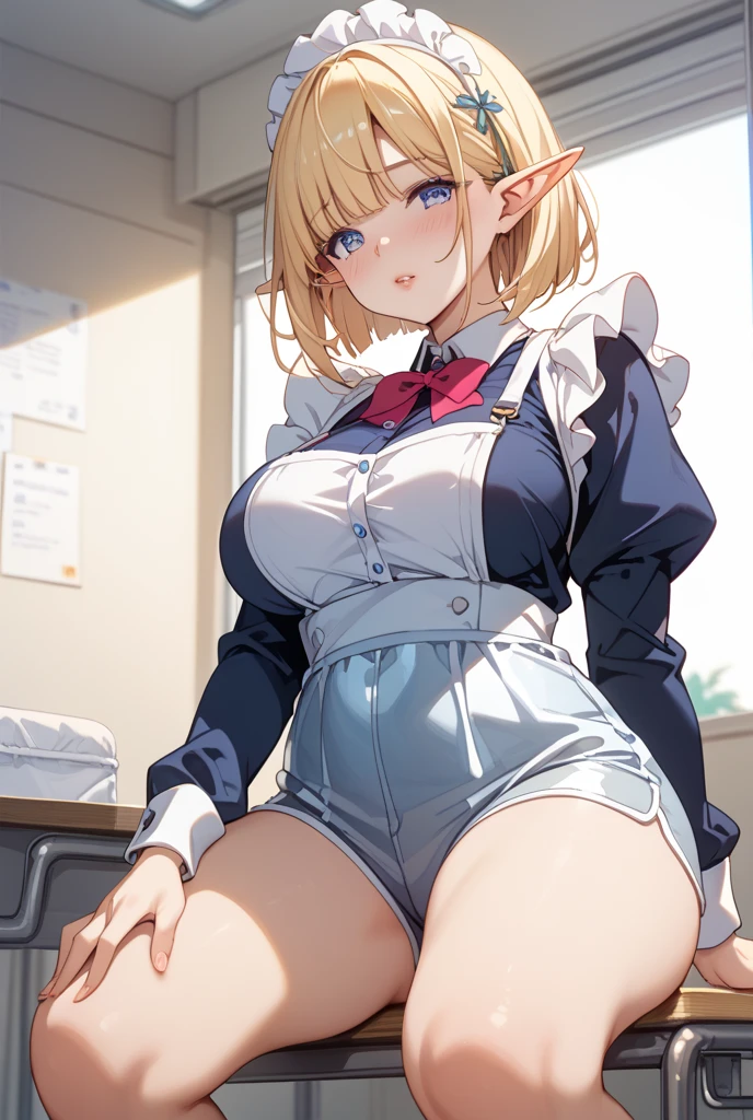 ((masutepiece)), ((Best Quality)), (Ultra-detailed), ((kawaii)), Cute, (lovely), ((Sexy)), (Ero), ((Extremely detailed)), 4K, (8K), Best Quality, (Beautiful), Illustration, Anime style, Painting, Dynamic Angle, Full body, full body Esbian, from below looking up, Interrogation room like a criminal drama, Sit on a desk, Open your legs, Gradation, full body focus, Interrogation room in a dimly lit police station, Cute s, 1girl in, Solo, Female police officer in Japan, Hats, beautiful orange hair, Beautiful red eyes, ((Beautiful eyes)), White-skinned, Short hair, Buttocks, Big breasts that are about to burst, Smirk, grin, (blush), sparkling effect, Lens Flare, shiny-glistening, gleaming