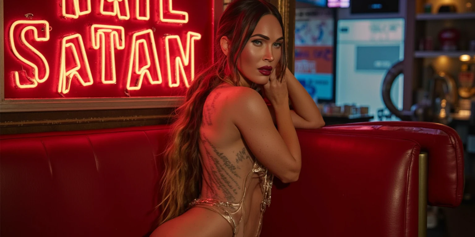 Beverly Crusher(age 25, hair has a brightly colored stripe, mismatched color contact lenses, tight clubbing outfit with mini skirt panties exposed), viewed from a low angle behind, Bangkok dance club. Focus on butt