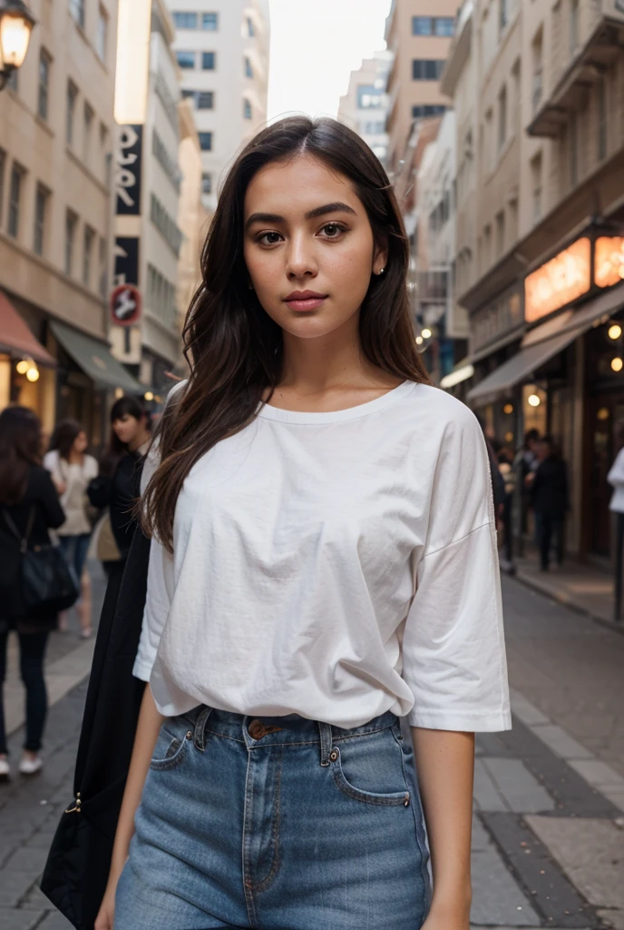 Masutepiece、highest qualityr、high resolusion、Eleonora Pavinato, 23 years old, Younger headshot, looking cute, cute pose, Beautiful busty girl, Black long hair, cute pose, casual clothing, Statue of Liberty, New York City, USA