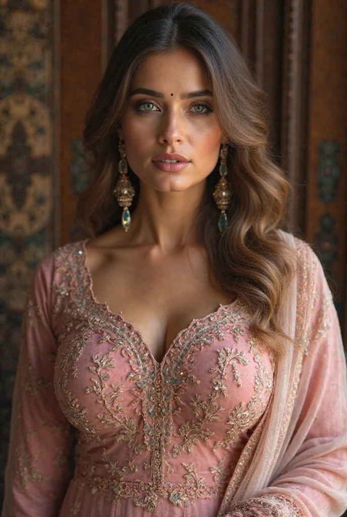 perfect eyes, fantastic face, Middle Eastern, beautiful look, ((light lips, bright eyes, curve heir 1.5)), (((beautiful details very huge breast ))), (Straight round and ultra huge clevage breast), A glorious gorgeous, glorious gorgeous face, pretty face, bright eyes, (detailed different Colourful elegant Short Frock with Designs and sleeves), updo elegant hair, blurred gray tones background, ultra focus, face ilumined, face detailed, 8k resolution, painted, dry brush, brush strokes, razumov style and garmash style, by Tokaito, (fluorescent colours:1.4),(semi transparent:1.4),(retro filters:1.4),(fanciful:1.4), Soft Fluffy Soft Landscape Light Soft Whimsical Light Dutch Spring Landscape Background Ultra Realistic Ultra High Quality Cinematic Lighting Huge Details Full HD Painting Plenty of light,diagonal bangs, Bright Colorful Frock dress with collar,side masterpiece, best qualityer,realskin,(sportrait:1.5), 1girll, bluntbangs, (long wavy hair), ((Dutch Spring Landscape)), ((Big Sexy Body Shape)), ((Portrait Photo)), (((half open breast wear))