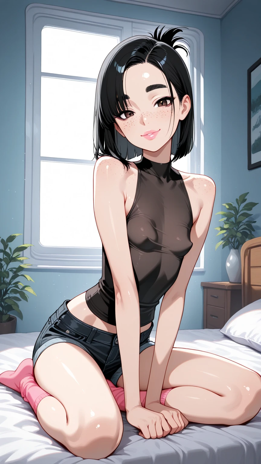 (((Have a condom)))、One Woman, alone, alone Focus, Cowboy Shot, Portraiture,, Beaver,((Black Hair)), Short Bob, Very fine eye, work, old Japanese gym clothes、((Bloomers))、 (Small TI quality, Very detailed,Bedroom、Lying in bed
