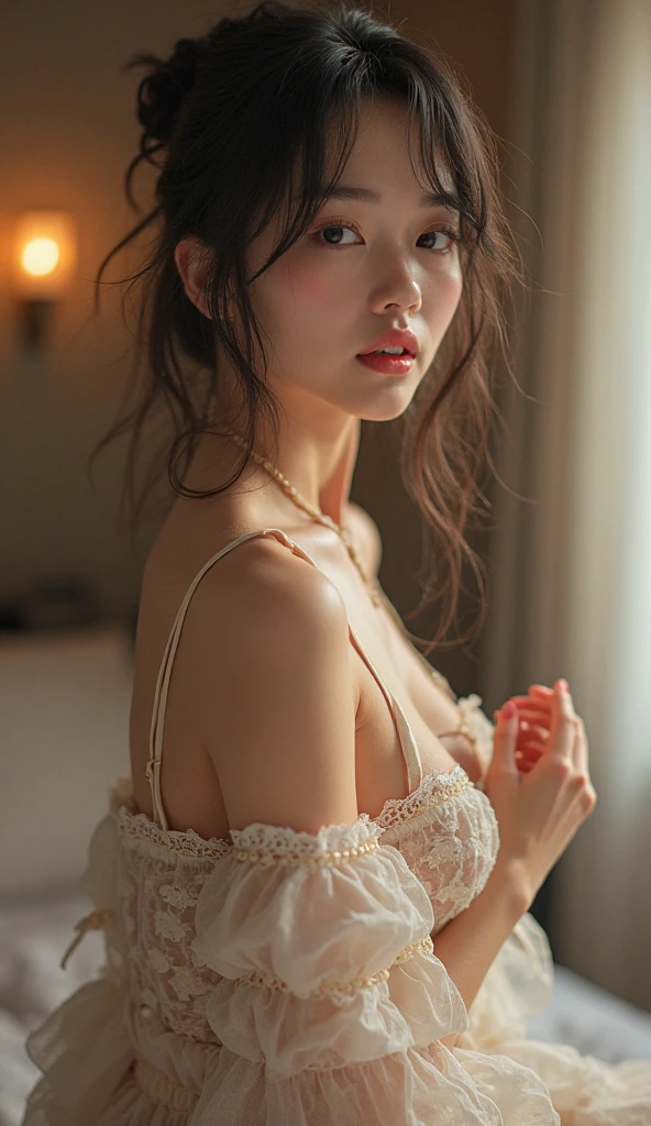 ((1 girl)), (nsfw:1.2), open,,shoulders exposed,crisp breasts exposed, clothes open, hand held clothes, torn open, chest tip exposed, (very detailed CG Unity 8k wallpaper), (masterpiece), (best quality), (super detailed), (best illustration), (best shadow), (realistic), (PureErosFace_V1:0.5), lens flare, (depth of field), (natural lighting), ultra-high resolution, (eye detail), charming smile , (brunet) , (((transparent nightdress))), (exposed chest), 18 years old,
