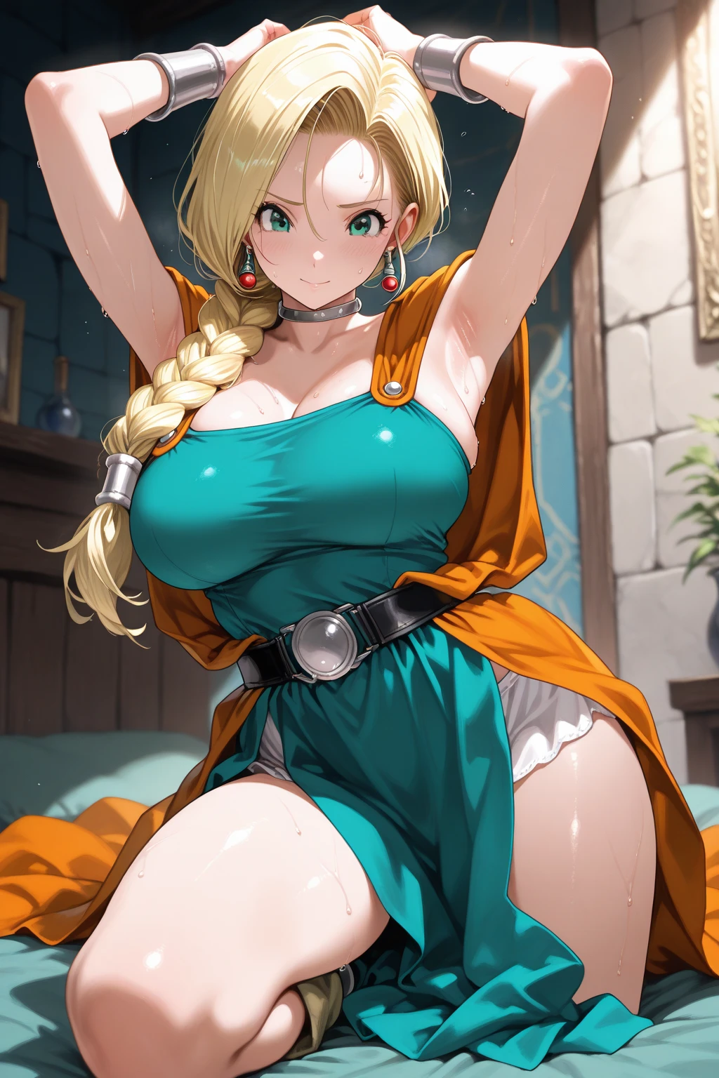 from above, Face focus, Bianca, Huge breasts(((Large Breasts、Low-cut,Cleavage, Wide hips,)))((Long legs)),Hourglass figure,, (Single Braid, earrings, Necklace, Orange cape, Green Dress:1.3), belt, (sit, Reclining, sleep , Close your eyes, Separated lips), (Hand on), tired, Happy, Slobber, depth, depth of field, (In the wooden house), indoor, masterpiece, high quality, best quality, beautiful, HD, Perfect lighting, Delicate face, Detailed body, masterpiece, best quality, Intricate details, 8k uHD, Perfect face, Perfect eyes