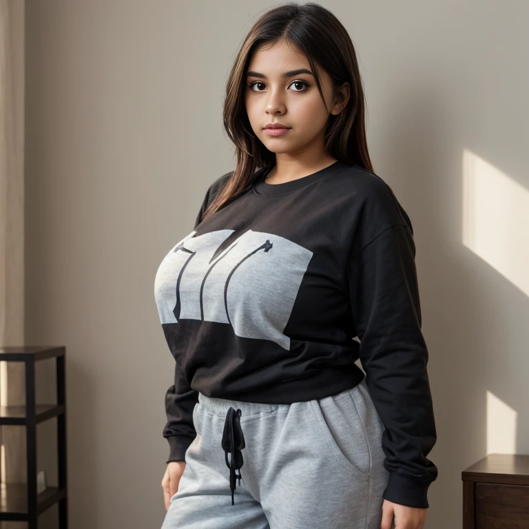 A girl, 18yo, cute smile girl, ((thin body,oversized T-shirt)), (gray tracksuit bottoms), (((thick thighs))), medium, in wooden floor school gym, half open mouth, (standing, view from front), full body shot, (barefoot)