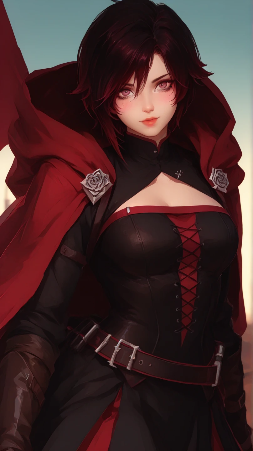 Short red hair,three scars on face,Chest wrap,Breast Binding,Large Breasts,Black cape,Red cloth strip around waist,cropped pants,Flip-flops,Hang a knife on your waist,red hair shanks,Overlord color domineering