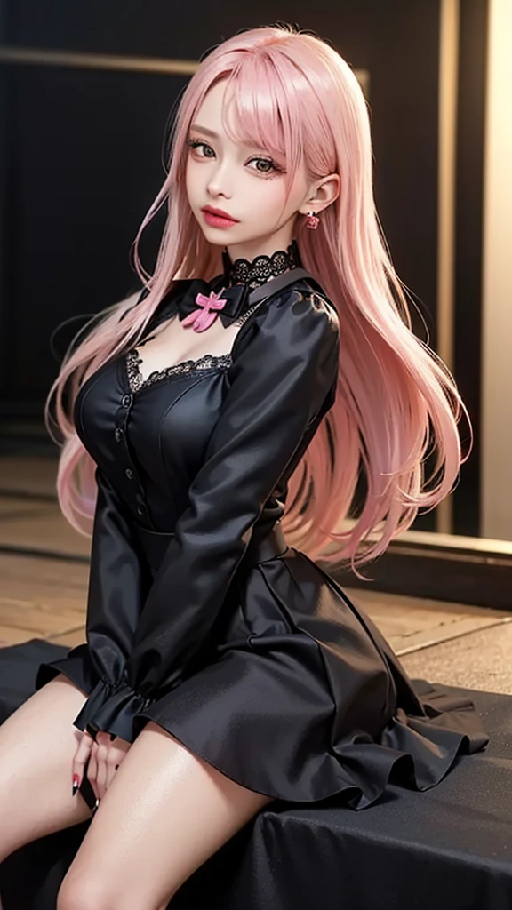 (masutepiece, Best Quality, Cute detailed wallpapers), (hight resolution, Ultra-detailed, Beautiful), (masutepiece, Best Quality), The illustrations are detailed, Many decorations, Upper body, From  above, One female, 18 years old, Glowing red eyes, Pink hair, (, Two-tone mesh hair) Black sweater with open chest, Black choker on the thigh, Two horns, Devil's Tail, Demon Costume