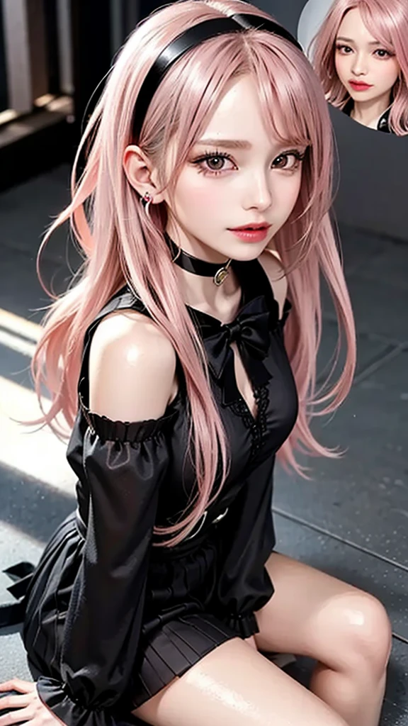 MilkGore, Modest Dress, long hair, twintails, closed mouth, upper body, choker, sleeves past wrists, looking to the side, makeup, (freckles:0.9),