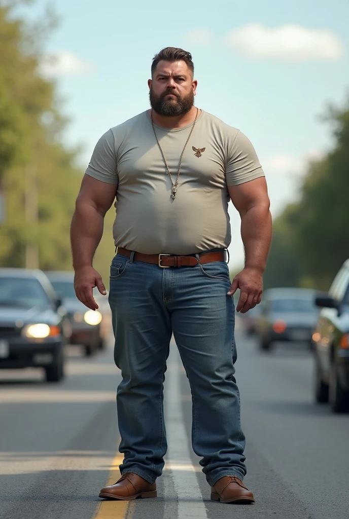 analog photograph of a chubby 24yo wrestler, walking down a country road, tank top, jorts, long hair, (cinematic lighting, sharp focus, detailed background), detailed skin texture, gritty, (film grain, film photography), dynamic angle, hairy,