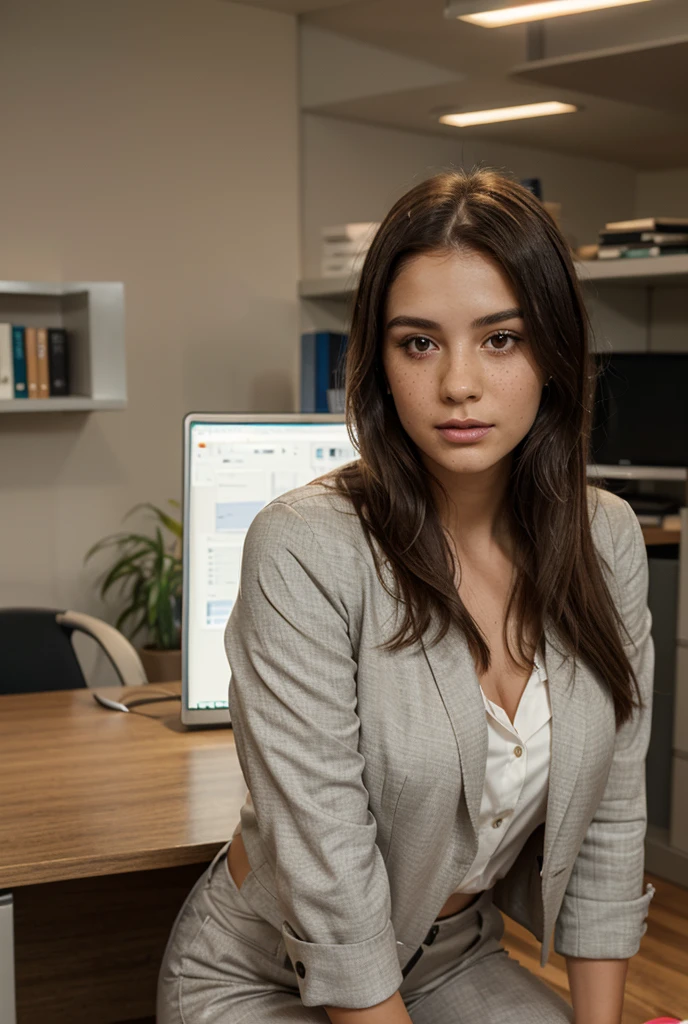 ((1 girl)), Solo, (((Very detailed face)))), ((Very detailed eyes and face)))), she wearing a full blue suit, blue color suit, detailed full body sales team, wearing simple yet chic clothes, in her workplace, extremely detailed, --style raw --s 750 --v 5.2(best quality)), ((masterpiece)), (detailed), Full look in office, standing photo