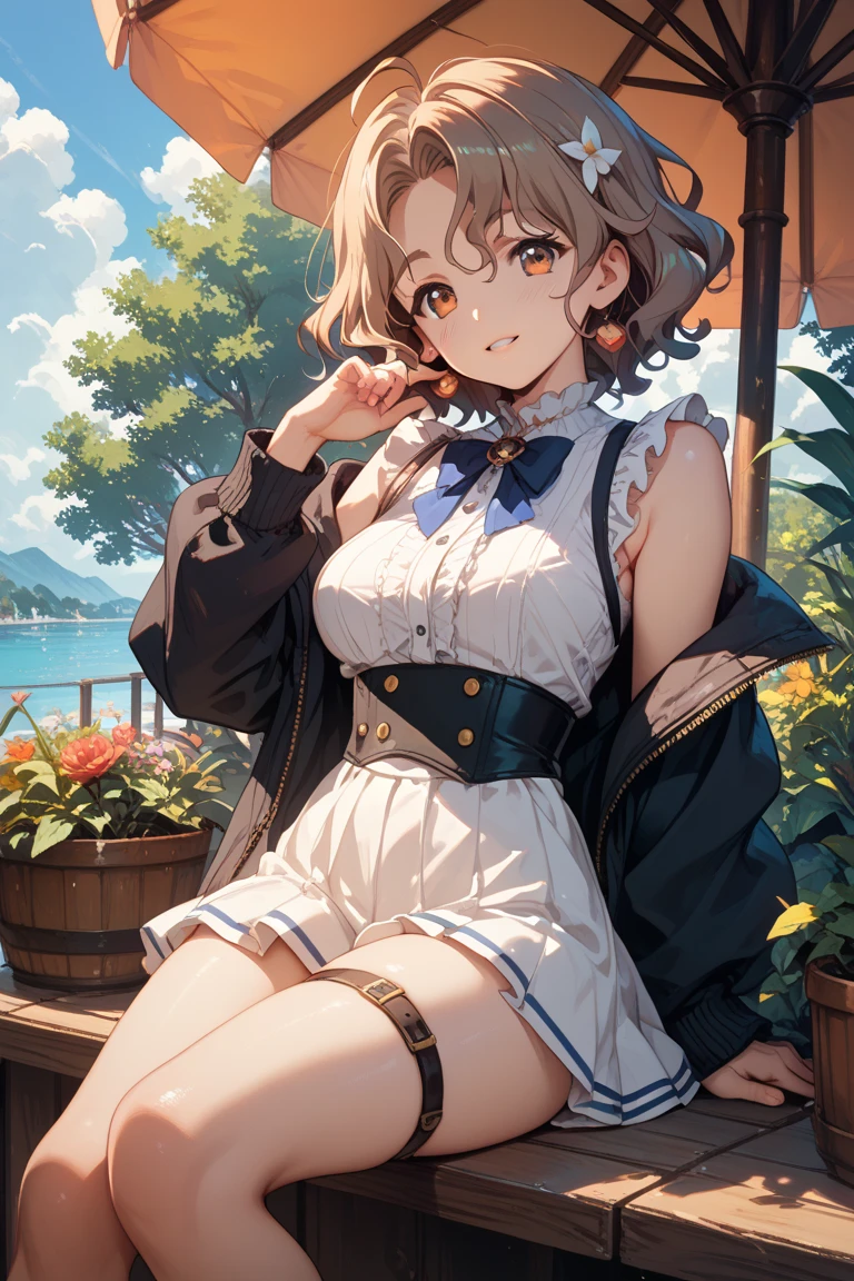 Young girl sitting on a bench in a park with her big beautiful thighs with leaves flying around her