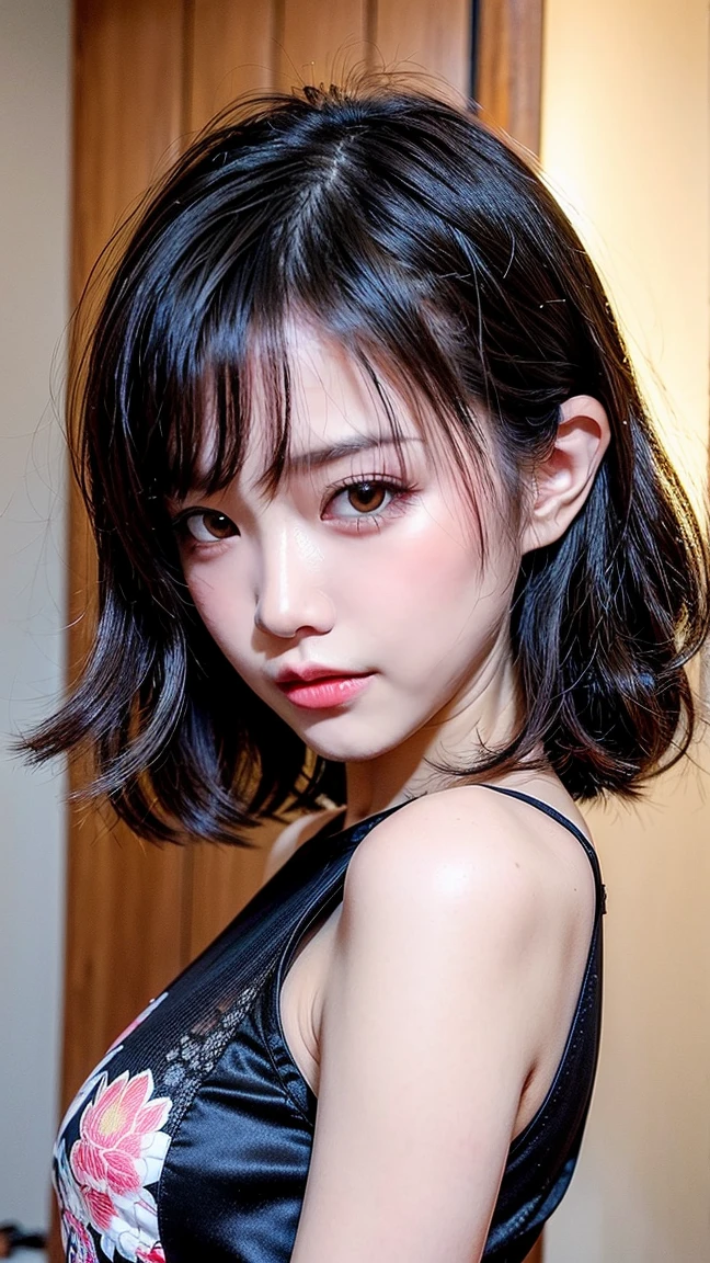 (8k, RAW Photo, Best Quality, Masterpiece:1.2), Ultra Detail, Super Resolution, (Realistic, Realistic Photo:1.37), Portrait, High Detail RAW Color Photo, Professional Photo, Extremely Detailed and Beautiful, Extremely detailed, 8k wallpaper, amazing and detailed, huge file size, official art, highly detailed CG unity 8k wallpaper, highly detailed beautiful girl, highly detailed face, highly detailed eyes, highly detailed skin, highly detailed fingers, highly detailed nose, very detailed detailed mouth , perfect anatomy, highly detailed background, highly detailed clothes, 1girl, (20:1.2), 20s, cute girl, realistic body, , fair skin, glowing skin , slim body, handsome body, black hair , short hair, (blunt bangs:1.2), smile, cute, youthful, cute face, realistic face, delicate eyes, drooping eyes, lingerie, see-through, earrings, looking at viewer, cowboy shot, facing front, standing posture, Contraposto, dynamic lighting, (small breasts:1.2), cowboy shot