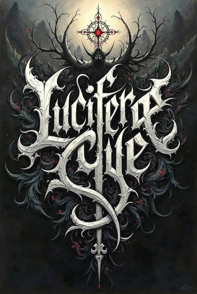 White background logo black skull with wings with the logo: Lucifer