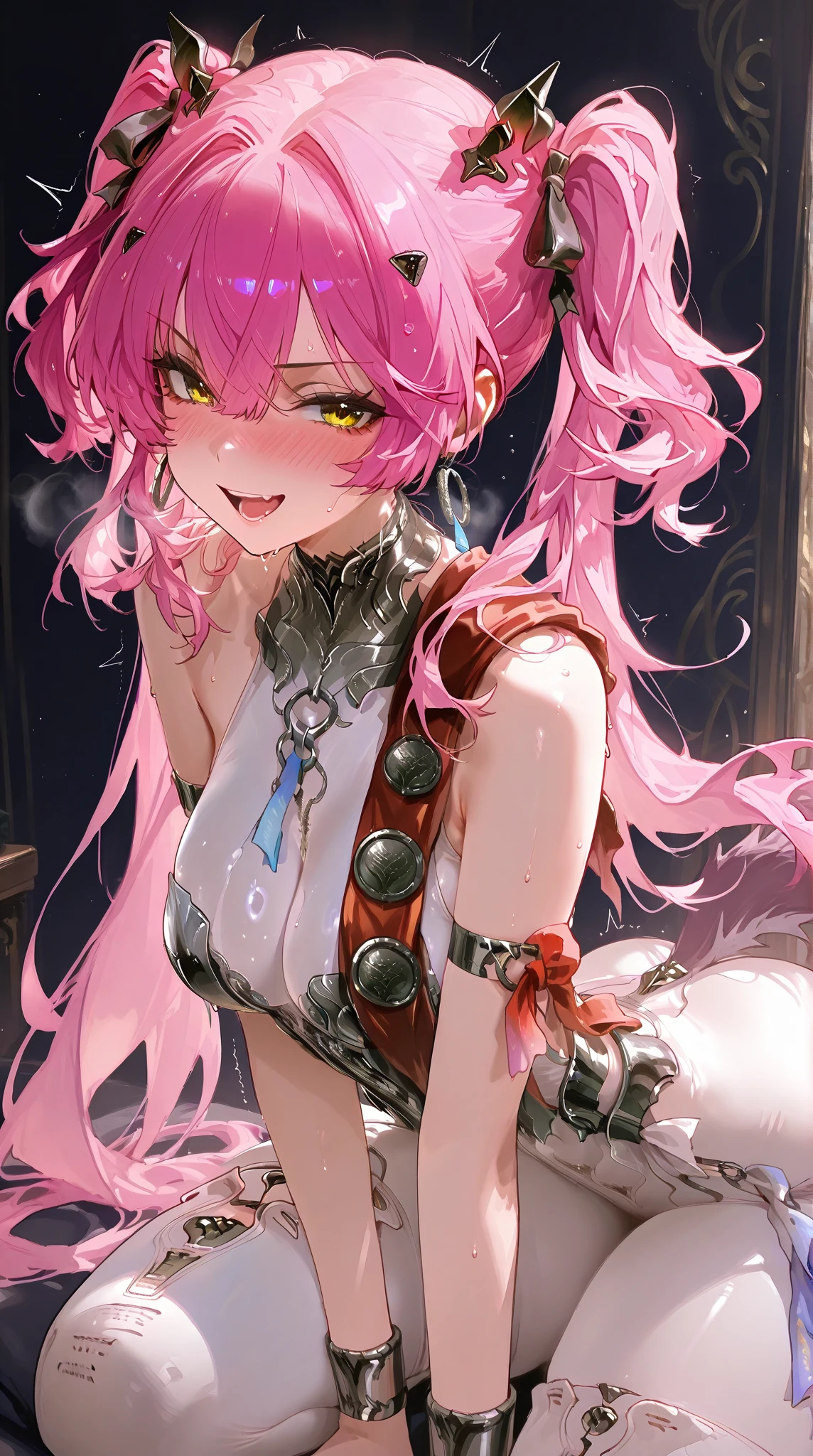 ((Solo)), looking at the viewer, Quality_masterpiece, Anatomically correct, Beautiful face, Perfect face, Highly detailed beautiful face and eyes, Attractive face, Detailed face, Delicate facial features, Seductive, sweat, open mouth, nose blush, sweat, vapor, shaking, young woman, white skin, long hair, ((long twintail)), ((yellow eyes)), medium breasts, stand on my knees, (Arched back), Put one arm back, emphasizes cleavage, ((Lupa \(wuthering waves\))), ((nsfw))
