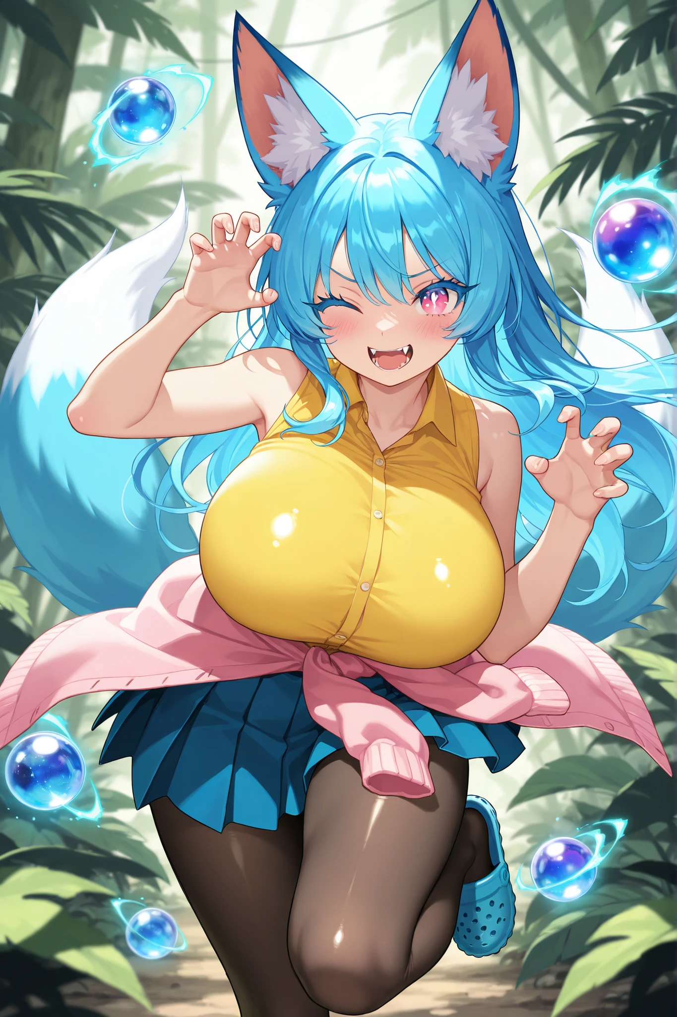 (masterpiece, best quality), best quality, (ultra-detailed), (3heads:1.5), 1girl, (yakumo ran:1.3), masterpiece, best quality, ultra quality, ultra resolution, blue top, crop top, ((stomach)), midriff, ((groin)), blue skirt, normal ears, shackles, blonde hair, very long hair, wavy hair, sidelocks, yellow eyes, detailed eyes, parted lips, open belly, sweat, cute, toned belly, hand on own chest, eyelashes, (25 year old woman:1.3), (masterpiece:1.5), (best quality:1.5), (beautiful detailed extremely detailed CG, extremely delicate and beautiful, depth of field, (finely detailed face), (perfect details:1.2), (mature female:1.3), wide pelvis, slender, large veiny breast, 16k resolution, highres, high quality, high definition, extremely detailed, masterpiece, blonde hair, long hair, alluring presence, braid, short skirt, close up, big tits, young, bob cut, fox ears, fox girl, fox tail, multiple tails, frilled hat, hat, (girl with three heads),