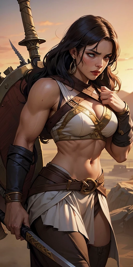 ((Frank Frazetta)), Beautiful full-bodied woman, 30 years old, muscular and perfect body, ((back)), blonde gladiator short hair with little clothing, Roman gladiator helmet, red tiny slap, metal bra covering only the, bleeding wounds, scars by the hot body, tribal tattoo, arm covered by a metallic gladiator armor, large breasts, generous neckline, holding a bloodstained sword, brave face, dark kingdom, sexy pose, walking in a Roman arena