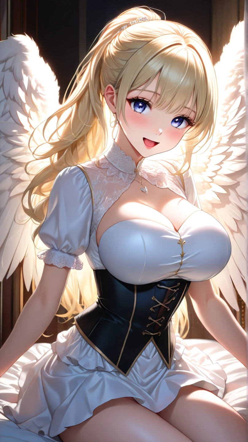 ((long blonde hair:1.8, Curly hair on the outside, hair above one eye:1.6)), (shining purple eyes)beautiful, beautiful woman, perfect anatomy, perfect body, perfect breasts, ((angel with a pair of wings spread:1.8, white clothes, corset, choker:1.6)), forest:1.6, captivating gaze, slight smile, realism, masterpiece, rough skin , Super detailed, high detail, high quality, 最high quality, 1080p, 16k