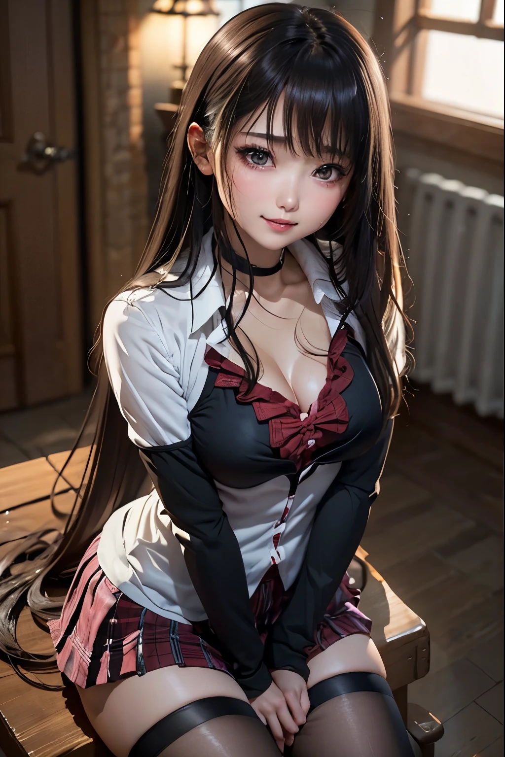 A sexy、Glamour、A slight smil、garterbelts、knee high socks、panthyhose、Beautifying the world、Unhappy、Transcendent beauty、Beautiful shape、wretched、ghosts、wraiths、Evil Spirit、Beautiful、boredom、Unusual beauty、Bewitching、Fornication、Hard Dark Gothic Makeup、twin-tail hair、Black Dark Eyeshadow、slaves、crying how bright、mourn、Sad songs、Good skin luster、Long hair straight hair、Dark Gothic Makeup、Dark smile、Expressions of sexual arousal、Fragrant beauty、age19、seductiv、look down from above、 slightly plump thighs、Strong sexual pleasure facial expressions、A look of shame、open your legs a little、Dark purple hair、masturbation、Obscene look、Stained glass background、masutepiece、Best Quality、Ultra-detailed、Refers to 5 books、Sweat glitters on my chest、Glitter of sweat on your face、Glitter of sweat on your thighs、Deep hands in the crotch and panting expression、Expression of sexual pleasure in anguish、Sweating profusely、Drunken face、Nasty Woman、stain glass、white long sleeved blouse、Schoolgirl Long Sleeve Blazer、High school girl uniform、Red checked skirt、JK style、jaket、to stand、best quality, 12k, HD, super detailed, Eye details, hair details, person details, mouth details, face details, breast details, clothes details, hair details, pants details, hand details, whole body