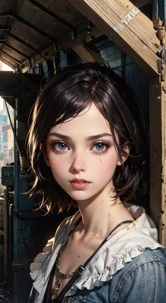 masterpiece, best quality, 8k, super detailed skin, leaning against a wall, frightened, cute, 1girl, short hair, wearing hoodie, a time traveler stuck in the Wild West, <lora:flat2:-1>