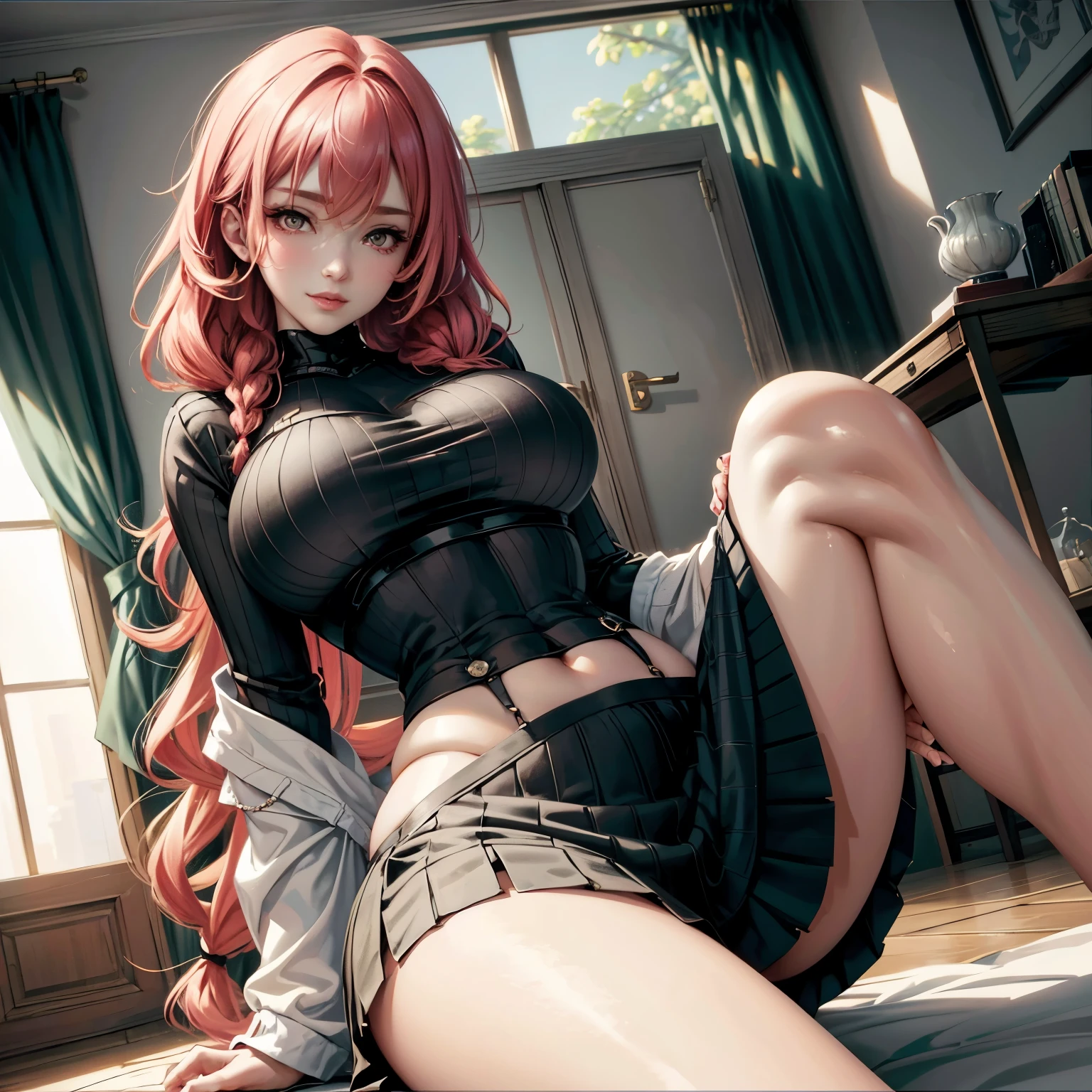 (masterpiece:1.2, Highest quality), (Realistic, photoRealistic:1.2), Beautiful illustrations, (Natural Side Lighting, Cinema Lighting), ,
View your viewers, 1 girl, Japanese, 2, Perfect Face, Cute and symmetrical face, Glowing Skin,
(Long Hair:1.5, Messy Hair:1.6, Pink Hair), Crossed bangs, Droopy eyes, Red eyes, Watery eye,Hold back the climax,Long eyelashes, (Large Breasts), thin,
Beautiful Hair, Beautiful Face, Beautiful attention to detail, Beautiful clavicle, Beautiful body, Beautiful breasts, Beautiful thighs, Beautiful feet, Beautiful fingers, Erect nipples,
((Sleeveless sweater, bottomless,Knee socks)), ),(Beautiful views), evening, (Living room minimalist),Watery eye,Ahegao, sofa, (smile),