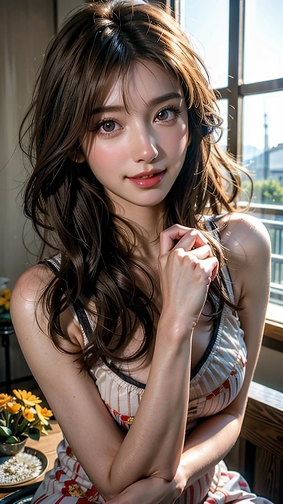 (highest quality, 8k, Tabletop, Ultra HD: 1.3), One Girl,smile、 Small breasts, Light brown hair, Blunt bangs, Hair behind the ear, Hair that falls over the shoulders, Long Hair, bikini、 Slim figure, Ultra Fine Face, Delicate lips, Beautiful eye, double eyelid, lipstick,Cleavage ,Lightly reddish ,(green_eye:1.0) ,perfect glowing skin,Perfect Skin,White skin,sweating,An inviting gaze, Ultra-fine needle, very thin fingers, , Beautiful legs . office