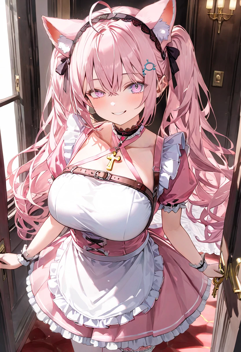 A masterpiece of a mature woman with big breasts, dressed in a pastel pink Japanese maid cafe outfit, with studio lights and beautiful shading, featuring kawaii elements like cow ears and pastel pink spots on ears, cute pastel colors, pastel blue rainbow hair with highlights, decorated with hairclips, ornaments, stars, hearts, and a cowbell. The image should have ultra detailed and best quality, with cinematic lighting and an adorable, decora style with many accessories.