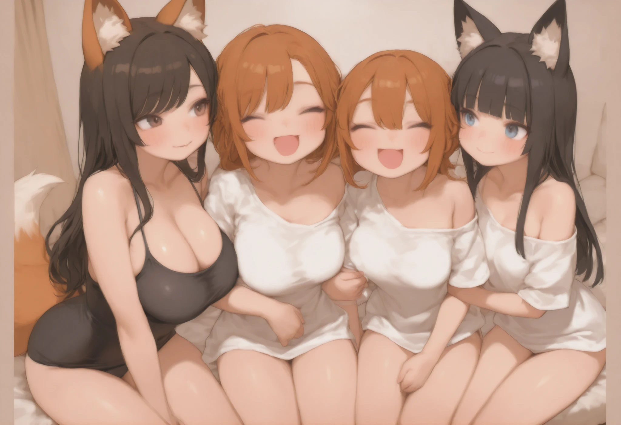 ....... , smile Cat girl ( cat ears, shaggy medium length brown hair with one 1 short braid, brown cat tail, yellow eyes, big tits big hips big lips )))................. Sexy naked ....... in a modern laboratory for creating clones ( transparent boxes with 4 four 4 clones of catgirl )..... 4 four 4 girls.... sex dildos