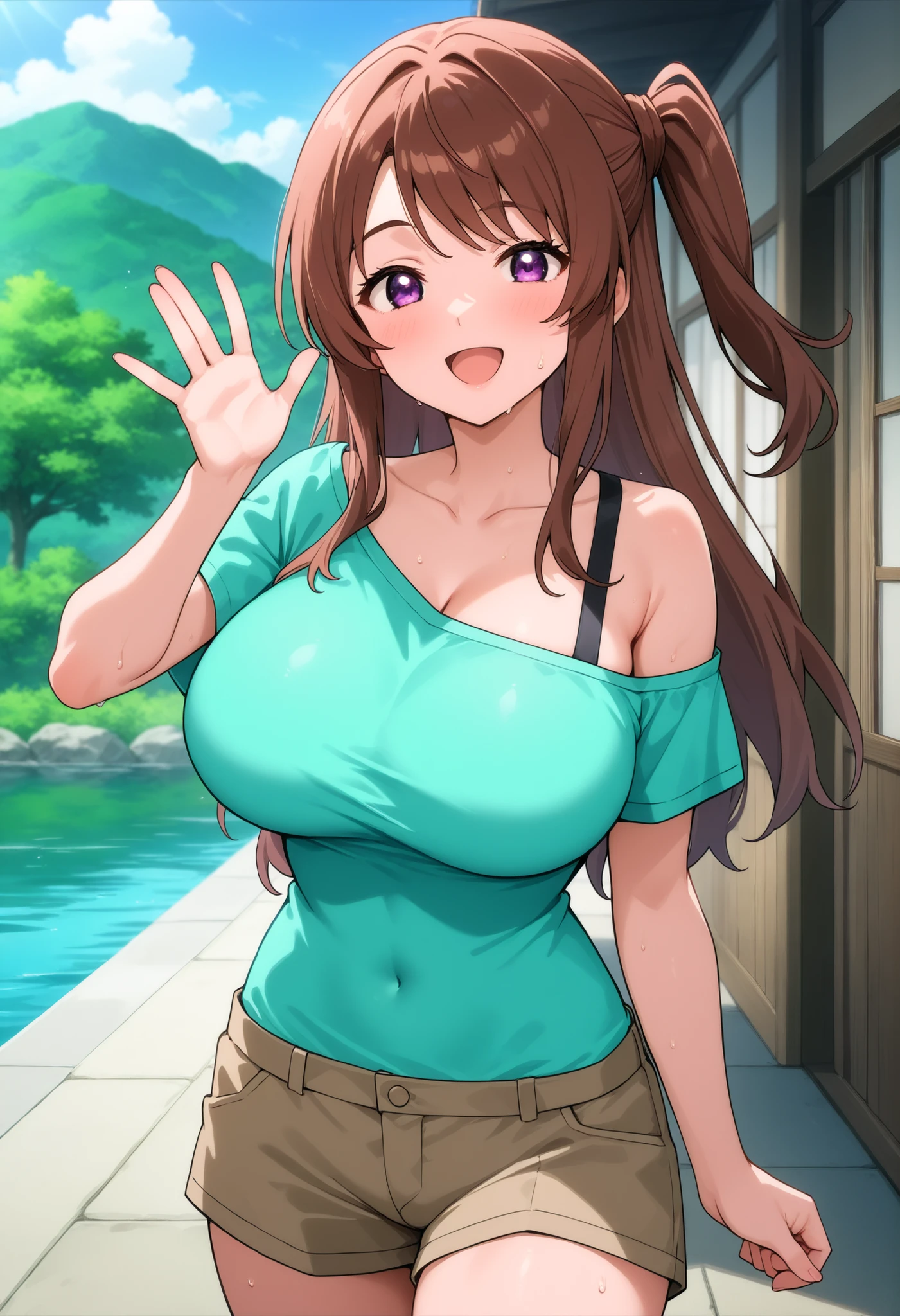 higurashikira, anime screencap, anime coloring, cowboy shot, 
1girl, solo, tall female, toned female, brown hair, long hair, one side up, swept bangs, long sidelocks, purple eyes, huge breasts, 
turquoise one-shoulder shirt, black strap, brown cargo shorts, 
looking at viewer, smile, open mouth, waving, sweat, standing, 
outdoors, summer lake, morning, 
(masterpiece, best quality, absurdres, highres, newest, very awa, year 2024:1.2)