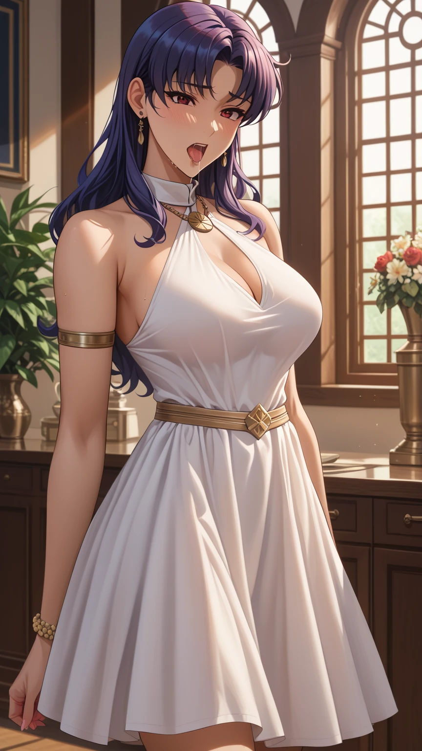 (masterpiece:1.2, Highest quality),(anime), 20-year-old woman,Red eyes,Blue Hair,Long Hair,Forehead, Quite large breasts,Beautiful legs,White maxi-tight dress with gold trim,Highly revealing