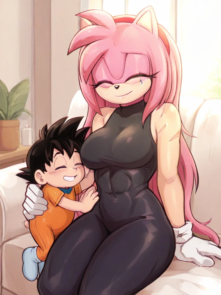score_9, score_8_up, score_7_up, score_6_up, score_5_up, score_4_up, BREAK, young adult, badass amy rose, 1girl, gloves, white gloves, white socks, black sleeveless full bodysuit from legs to torso, closed eyes, pink hair, spiky long hair, Indoors, Living Room Background, furry, furry female, animal nose, solo, animal ears, pink fur, pink tail, skin tone arms, skin tone belly, large breasts, wide hips, perfect sexy mommy build, vertical facial scar, scar on cheekbone, facial scar on left eye, facial scar on left arm, scars on her arms, medium thighs, medium legs, soft expression, comforting, warm friendly happy grin, motherly look, muscular, bodybuilder, bulky, huge, 8-pack abs, close-up shot, upper body, extremely close up shot, sitting on sofa, no neck, looking at viewer, Amy Rose holding baby chubby little cute baby goku, baby goku, black spiky hair, black eyes, 