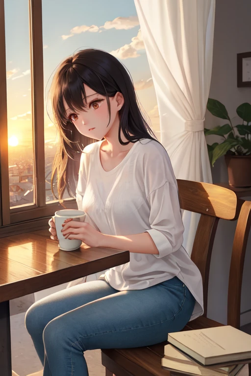 Beautiful young woman, Anime Style, Detailed face, Bright morning light, Bright expression, Casual morning outfit, Soft sleeping habits, Stand by a window where sunlight is streaming in, Vivid and warm colors, Cozy bedroom background, Holding a cup of coffee or tea, Morning atmosphere, Very detailed, 8K resolution, Cinema Lighting, Highest quality, Vibrant colors, Instagrammable, beautiful, trend