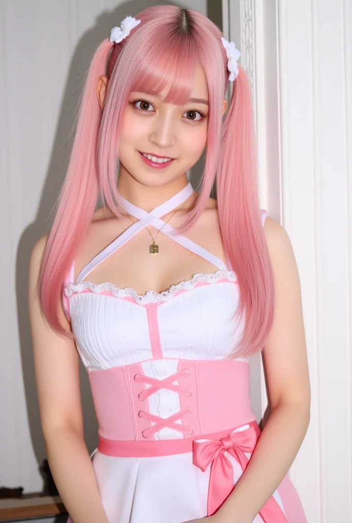 Belle Delphine full body, facing the camera, smiling, blush, high res, 4k resolution, crossed eyes, cross eyed, full body, petit, soft thighs