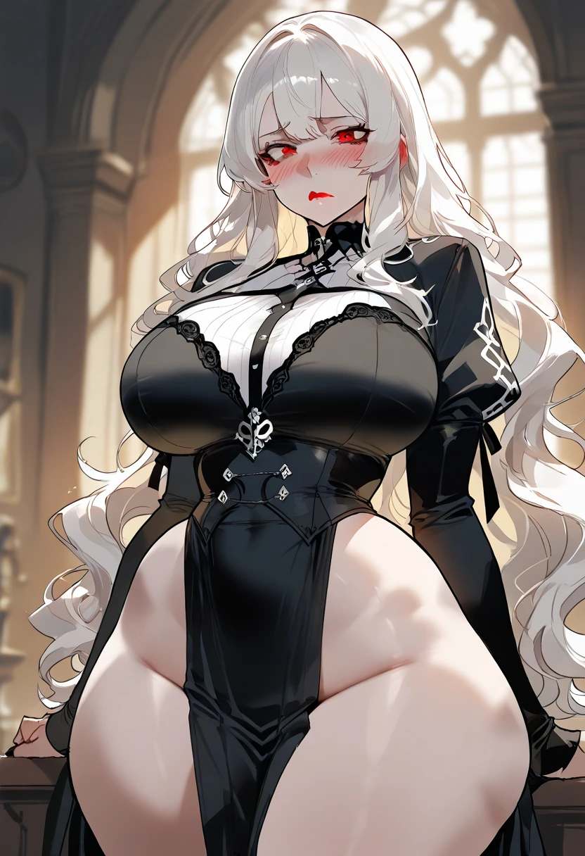 an anime painting of a woman with huge chest and a big butt, One girl, chest, horn, belly button, Red eyes, alone, Bracelet, Knee socks, wing, View your viewers, chestの谷間, Pointed Ears, Devil Girl, blush, smile, Long Hair, demon horn, demon wing, bangs, jewelry, leotard, Thighs,NSFW