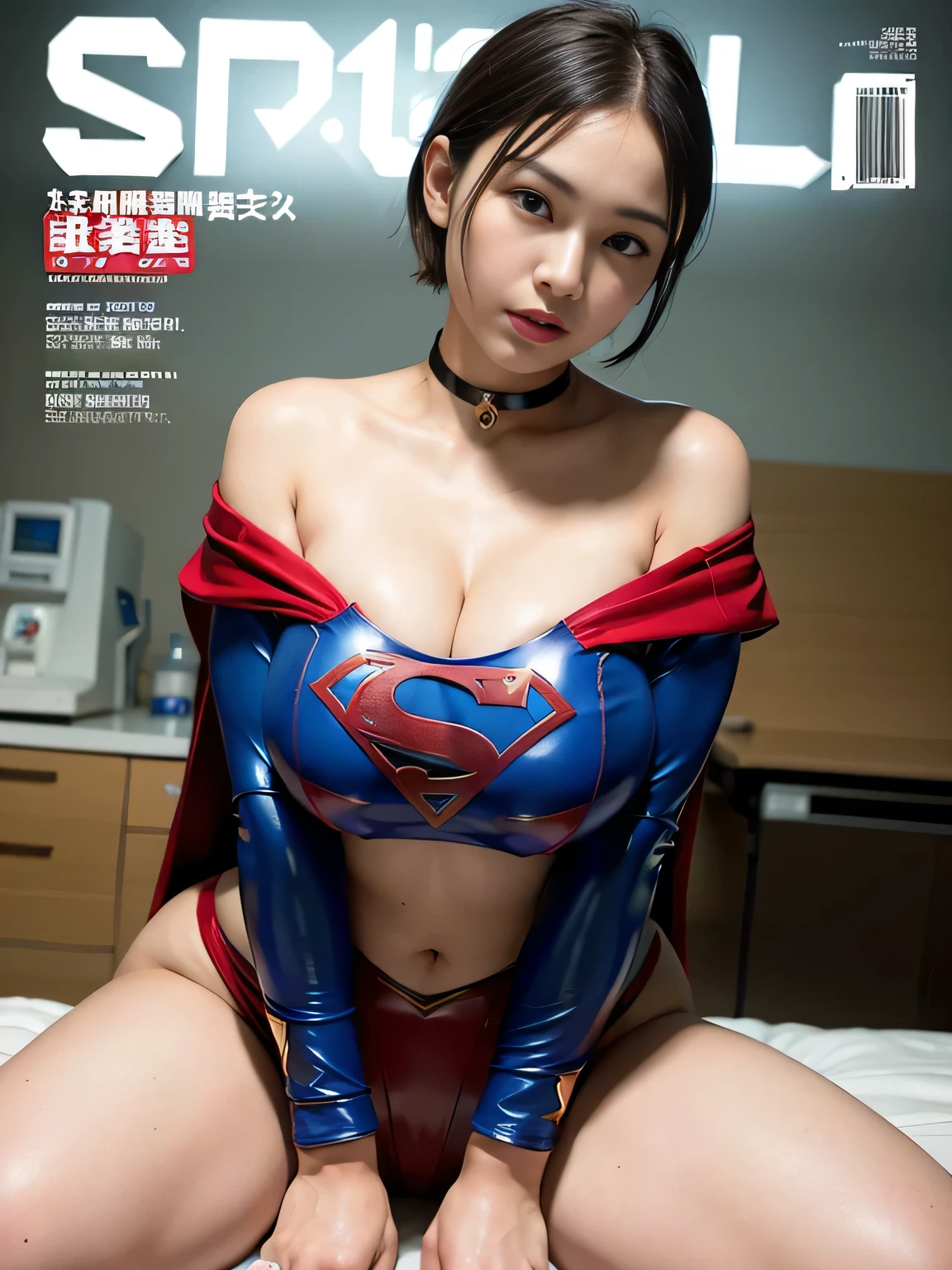 masterpiece、Enamel Supergirl Costume、Short Hair、Hospital operating table、Crisis situation、Big and ample breasts、looking at the camera、Shiny、Off the shoulder、choker、Long sleeve、exy poses to seduce、Sweaty skin、Model Body Type、Alluring、charm、Enchanting、Abused、test subject、victim、Wild、Photorealistic、latex、Expose your belly、athlete、Racing Bloomers、Weekly magazine cover、Red cloak、During consultation、