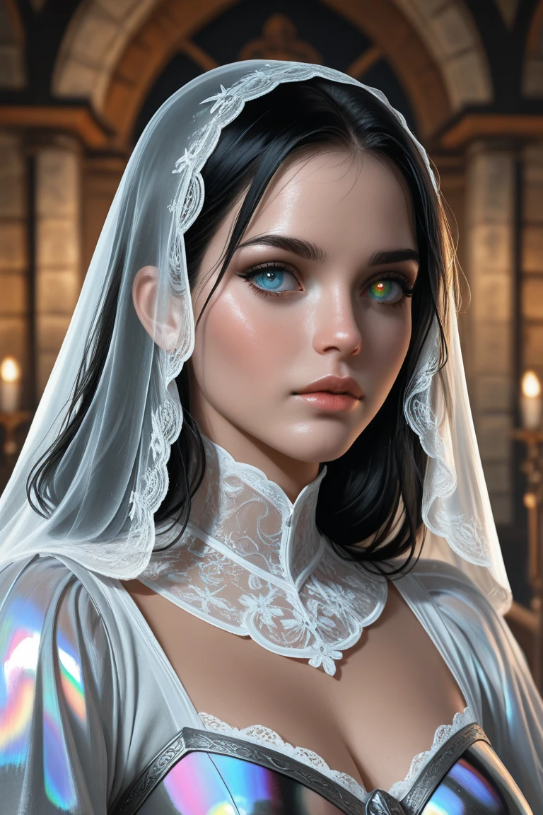 Sexy woman with seductive eyes and pouty lips, (Ultra-detailed, photorealistic, best quality, 4k,8k, highres, masterpiece:1.3), Featured is a 3 Russian fashion model, ((who embodies the essence of mature allure, sophistication, and sex appeal)), (((She boasts a statuesque height, complemented by an hourglass figure, a waist, elongated, toned legs, an ample, peachy derrière, a flat abdomen, and well-sculpted muscles, epitomizing the quintessential supermodel physique))) dressed as a nun with exaggeratedly large breasts exposed, standing in a dimly lit room with classical architectural elements. The woman has soft, fair skin and a delicate face with large, expressive green eyes and slightly parted pink lips. Her long brown hair peeks out from under a white wimple, framing her face with gentle waves. She is wearing a tight-fitting, white nun's habit that accentuates her curvaceous figure, with the top part pulled down to reveal her breasts. The background features dark wooden furniture, paintings, and an arched doorway, with sunlight streaming in from a window on the right, casting soft shadows and highlights on her form. The overall atmosphere is serene and intimate, with a blend of realism and anime art styles, medium breast sexy fit skinny body, sexy hips 