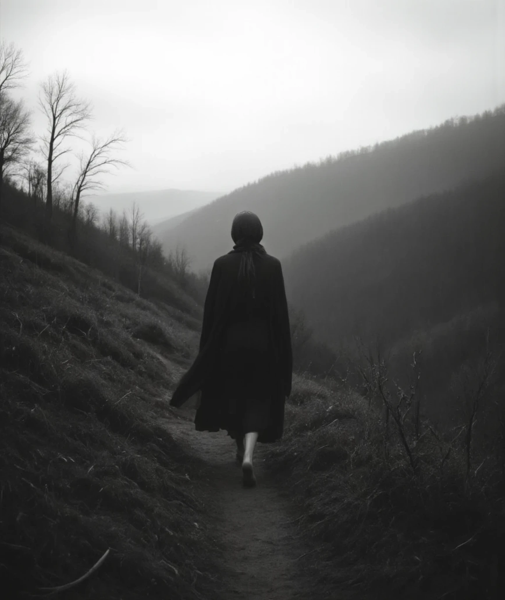 “Fine art cinematic photograph of a barefoot woman walking along a rugged hillside trail, wearing a dark, flowing outfit and a scarf gently draped over her head. Captured with a 35mm lens, the composition balances subject and landscape, emphasizing her solitude amidst a wide, misty countryside. Rolling hills and bare trees stretch into the foggy distance, under a moody, overcast sky. Shot in soft black and white, with natural textures, dynamic range, and gentle contrasts. The image conveys a quiet narrative, raw and intimate, evoking themes of resilience and connection to nature, reminiscent of European arthouse cinema.”