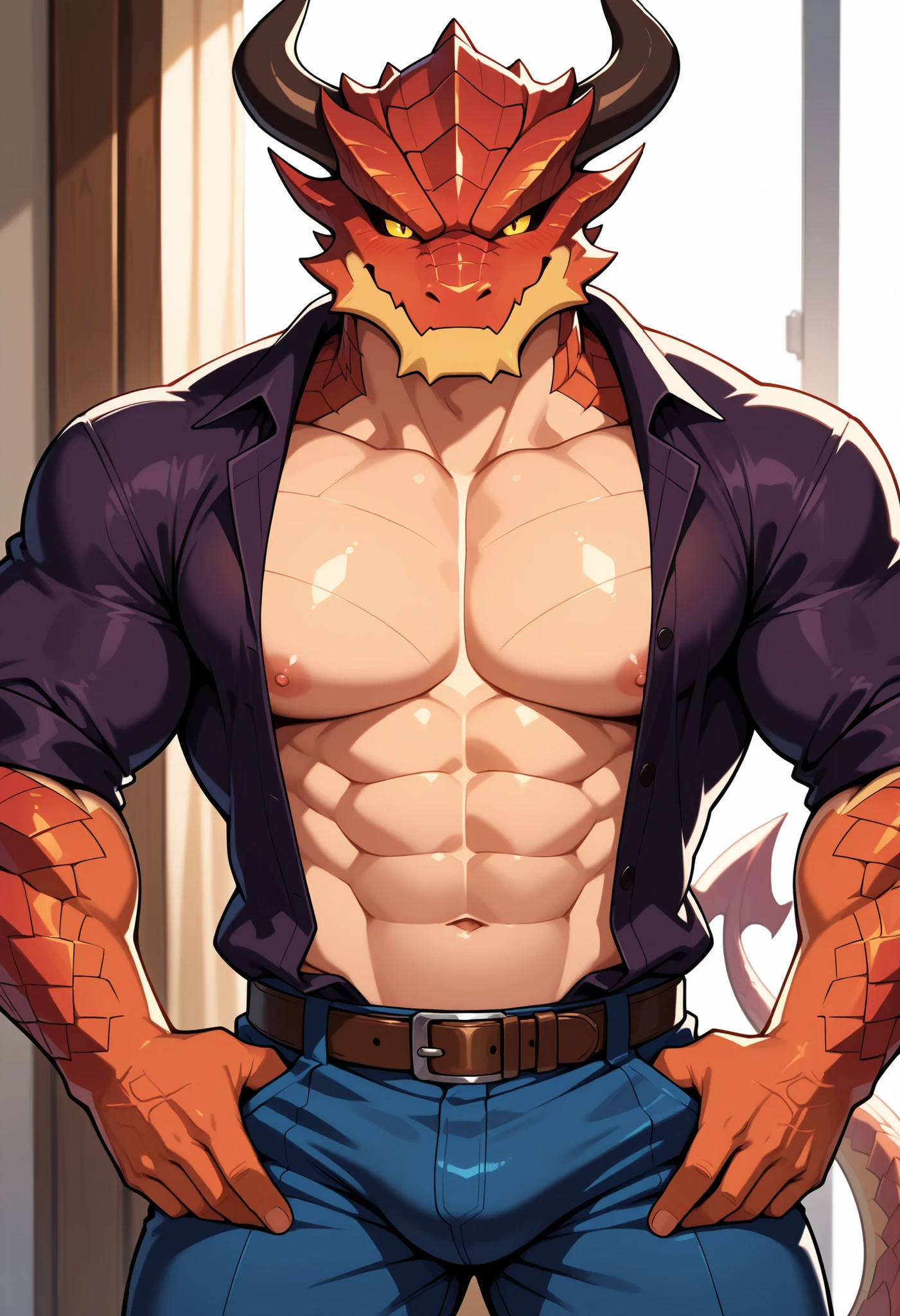 A semi-medium long flaccid penis with foreskin visible ,jet_black_tyrannosaurus, digital_art ,(penis out of underwear hole) ,(Inside a dirty public restroom) ,(men's semi-low military type pants fall unbuttoned) ,long tounge out ,muscle ,high quality ,pee ,ass ,full body ,(pubic hair man) ,full model ,good anatomy ,realistic ,shading ,detailed ,high resolution ,saliva ,digital media \(artwork\) ,detailed body ,animedia ,lonely ,lines, artwork, 4k ,detailed background ,(anatomically correct:1.1) ,((symmetrical)) ,((masterpiece)) ,((best quality)) ,(hi res) ,frottage_concept ,bloom ,nipples ,delicated lines ,veins ,sketch. ,fine art ,global illumination ,cartoony ,(solo:1.3) ,????????? ,unreal engine ,best quality ,(((furry))) ,anthro ,ultra realistic ,detailed background ,panorama ,character focus. absurd res ,dinosaur, (dino stalker) ,(Soft shading) ,(hyper realistic scales:1.2) ,(correct anatomy) ,(high detail, 3D rendering, shading) ,1boys ,shota ,open mouth ,Stick out her tongue ,teeth ,detailed realistic eyes
