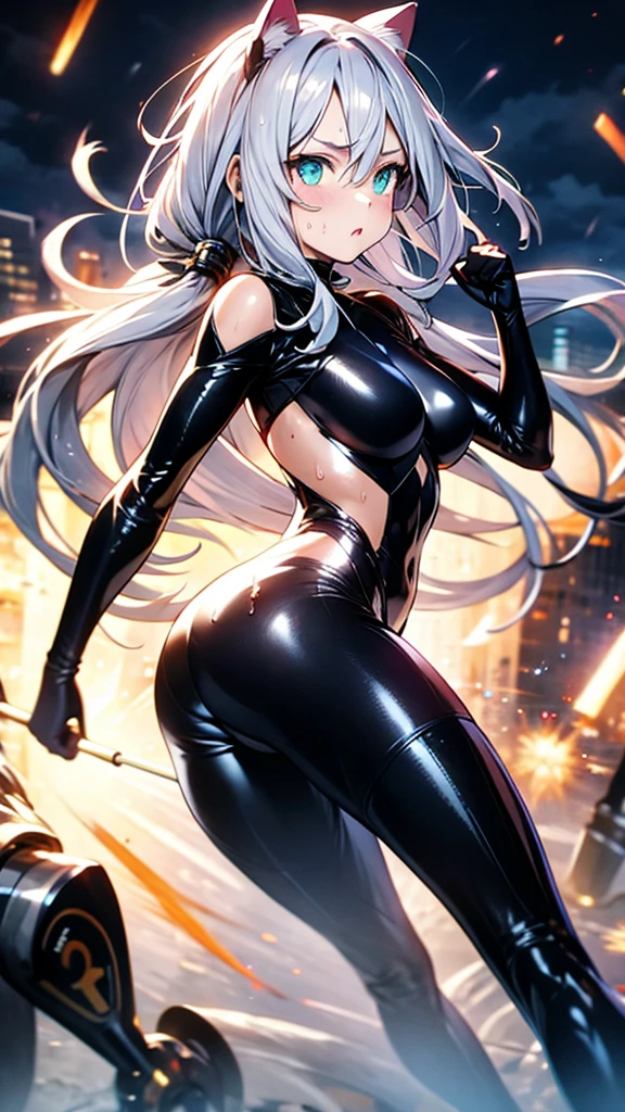 white fox girl, adult, fox ears, fox tail, character in the center,
(((blindfolded))), ((black blindfold)), full bodysuit, dark blue bodysuit, (latex bodysuit), black gloves, long black boots,
((white ears)), ((white tail)), (messy hair), big breasts, thick thighs, thigh gap, wide hips, curvy,
determined, light blue details, in a forest, trees, fireflyes,