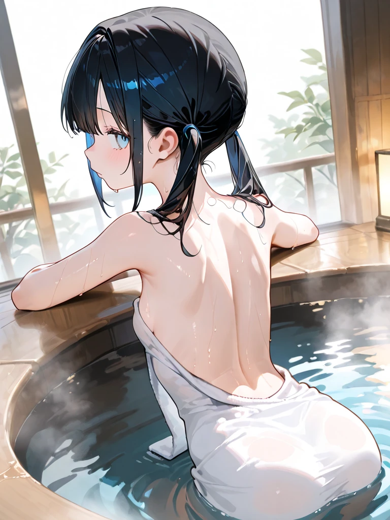 ((young girl ,short stature,gyaru)) ,flat chest(,))black hair,bangs pinned back, side ponytail, nsfw,plump,onsen, ,sex,sm,shy,,hug,pov