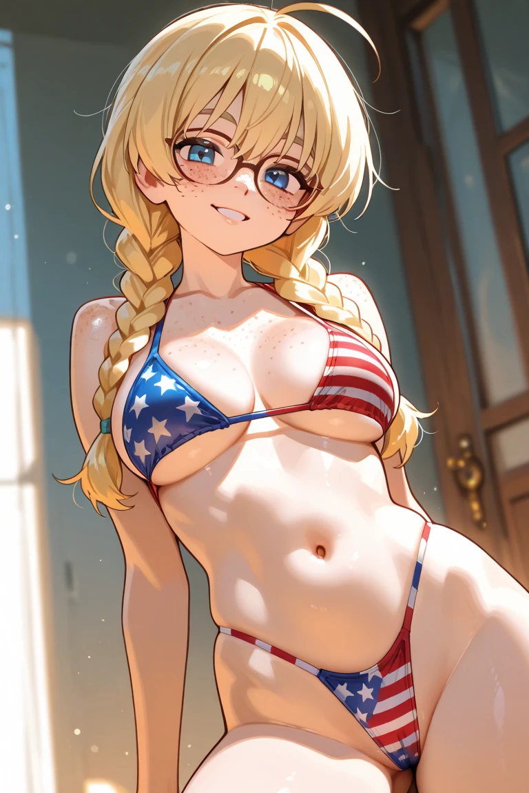 Stars and Stripes bikini, thick thighs, girls only, red eyes, blonde, long hair
