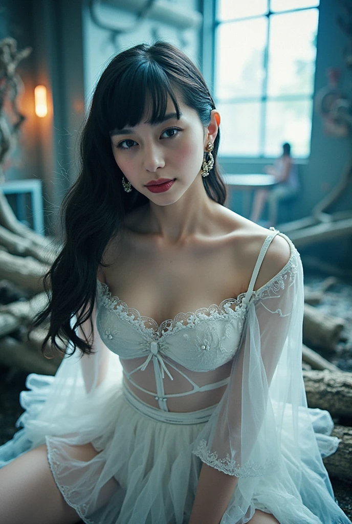 Panties, (Full body image:0.5), (bra:1.5),(Highly detailed CG 8k wallpaper, masterpiece, Highest quality, Super detailed), (Better lighting, Better Shadows, Very delicate and beautiful), floating, High saturation, Dynamic Angle, ((One girl)), nice, Ningguang City(Orchid Evening Dress) Gray Hair, Red eyes, Very long hair, hair ornaments, bangs, (Skin wrinkles:1.2), Heavy makeup,(Angle from directly above while standing:1.8)