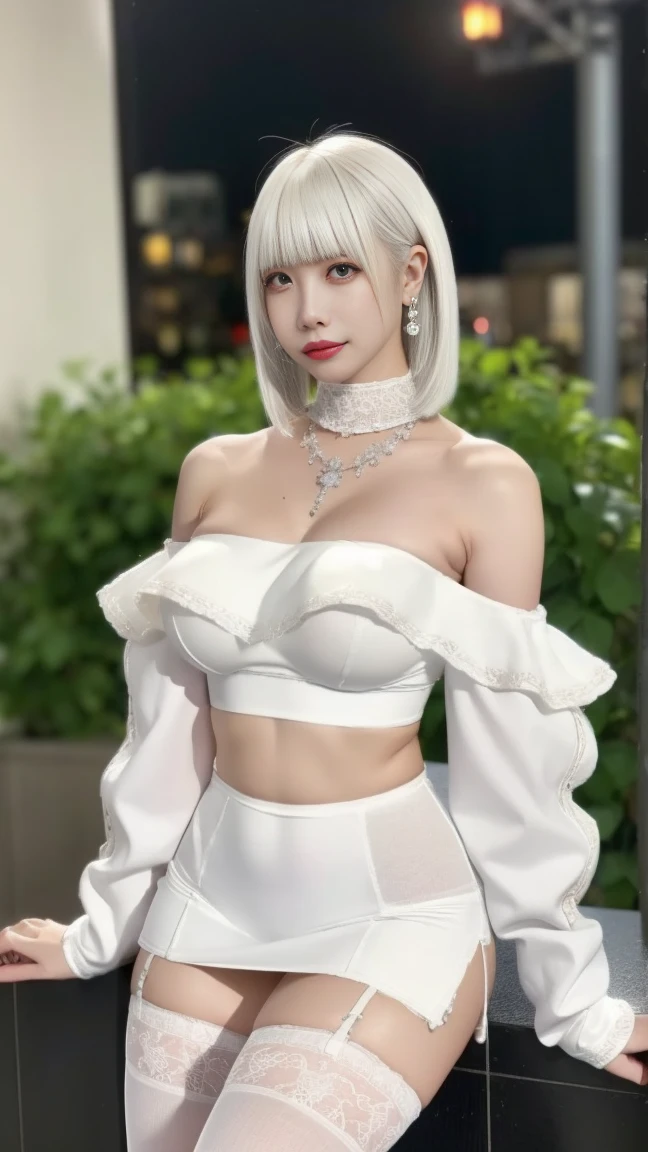 (Thin eyebrows)、(((((Mouth closed)))))、((Very strong sunlight))、((((Beautiful silver hair))))、((Small Head))、(Beautiful silver hair with short wavy:1.2)、Full Body Shot、(((8K, Raw photo)))、 (((The face is that of cosplayer Enako))),(Shot from above in highly detailed 8K)、(Very delicate and beautiful)、(masterpiece)、(Highest quality:1.0)、(超High resolution:1.0)、Realistic Shadows、[High resolution]、 Detailed skin、Ultra-detailed、(Beautiful Hair)、Photorealistic、A vivid face、Big breasts and small waist、Realistic eyes、Small eyes、Looking at the camera、(((Between the breasts)))、(eyeliner)、(mascara)、 Pink lips、((Looks very happy))、Show your shoulders、Intricate patterns and transparent materials、Artistic depiction of a seductive woman, Accentuating her attractive silhouette。The scene was、Basking in the hot sun、It makes you feel the delicate beauty and charm of nature.。(((Intricate details))、Advanced Details、choker、Browsing Caution,((Highest quality、8K、masterpiece:1.3))、Sharp focus:1.2、 (((Patent purple and silver corset)))、((On the buttocks))