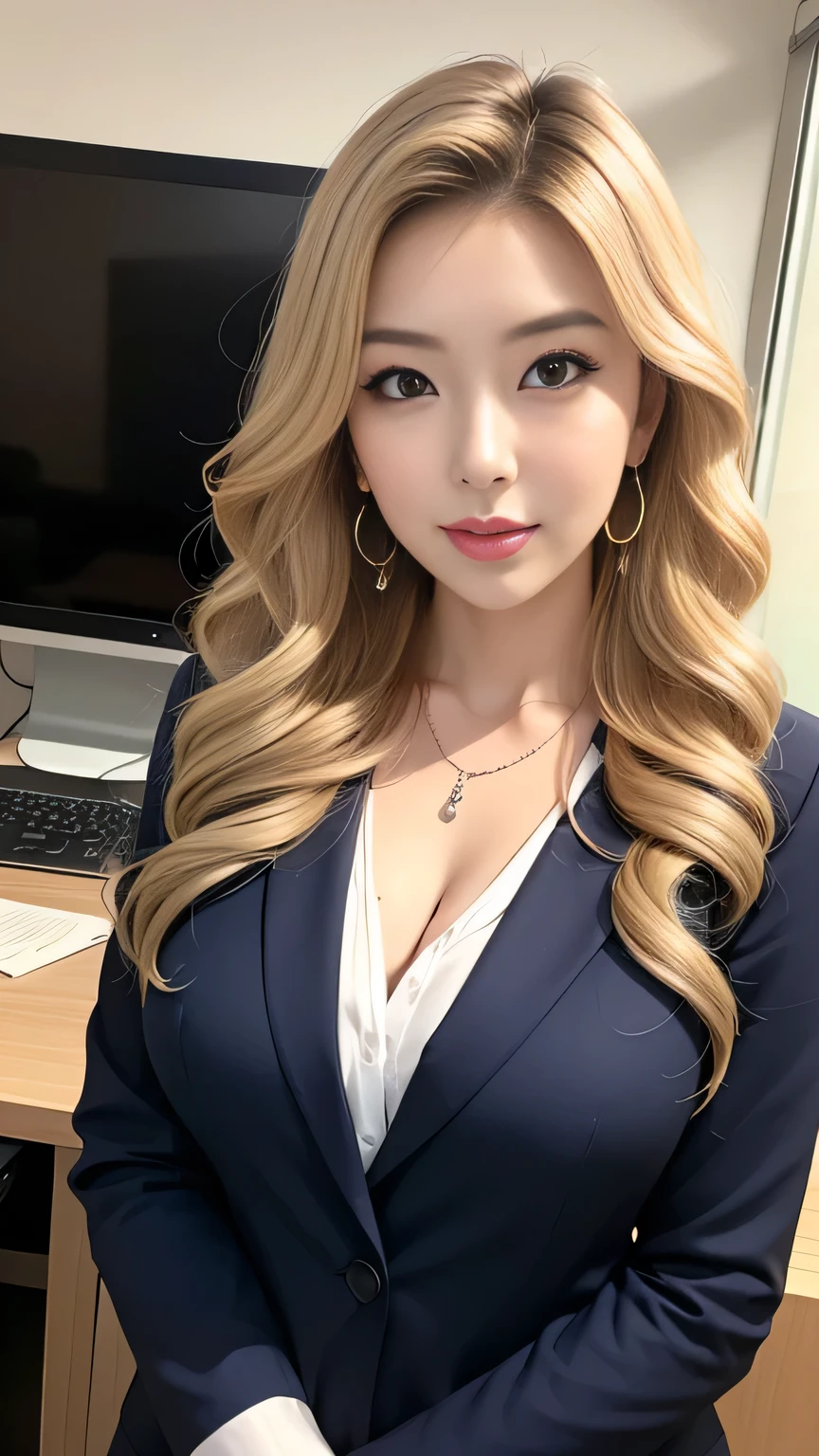 730717681 Only one woman, alone, blonde、radiant beautiful skin、big breasts、outstanding style, business suit, Japanese style , highest quality, ultra high resolution , Upper body,upward facing eyes