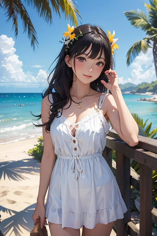 very cute and beautiful girl,White frilly sundress with fine lace,(Very beautiful face and eyes:1.2),smile
ひまわり畑の真ん中に立つ,Beautiful summer sky,
Mid Shot,(smile),Black Hair,Dynamic pose,Leg Details,
(highest quality,masterpiece:1.2),Absurd,High resolution,Very detailedな,Very detailed,32k,8k resolution,
Intricate details,Movie Scenes,Detailed Background,alone,Dynamic Angle,
alone,Hair blowing in the wind,